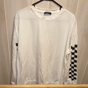 SHEIN White and Black Long Sleeve Tee with Checkered Sleeve